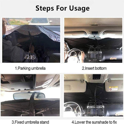 Portable car umbrella blocks sunlight and heat from dashboard
