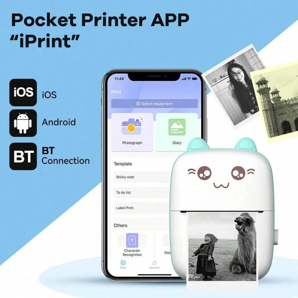 Mini thermal printer 200 DPI inkless printing close-up