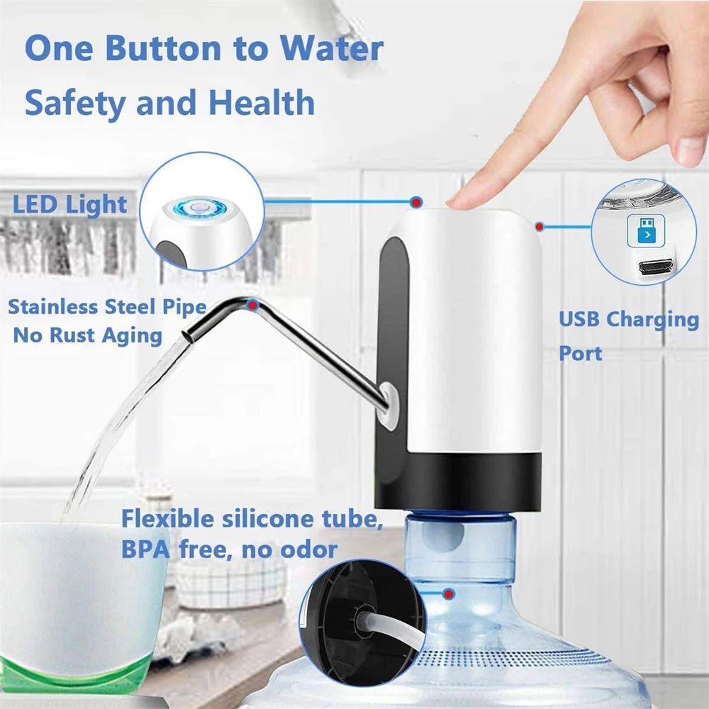 Water bottle pump dispenser one-button operation with LED